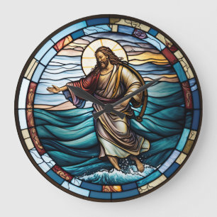 Festes Glas Jesus läuft auf der Wasserdesignuhr Große Wanduhr