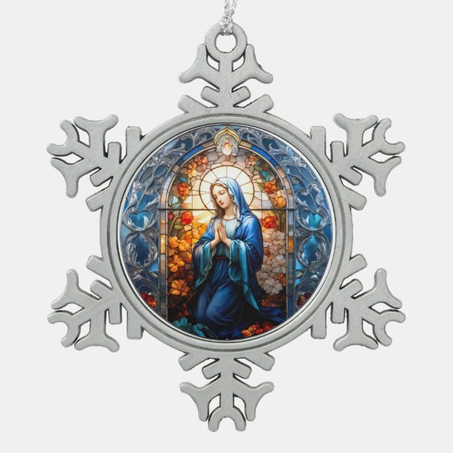 Festes Glas Jungfrau Mary Christlich katholisch Schneeflocken Zinn-Ornament (Vorderseite)