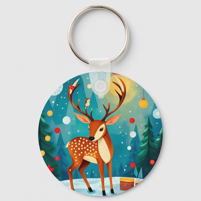 Festes Hirsch im Schneewald Schlüsselanhänger (Vorderseite)