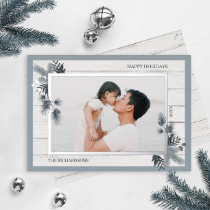 Festes Pine & Rustikales Foto aus weißem Holz Folien Feiertagskarte