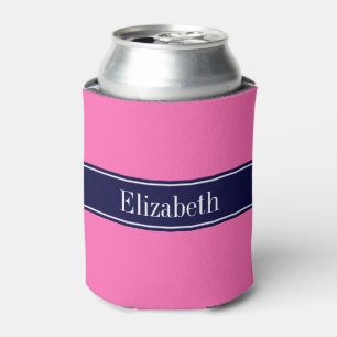 Festes Pink #2, Marine-blaues Band-Namen-Monogramm Dosenkühler