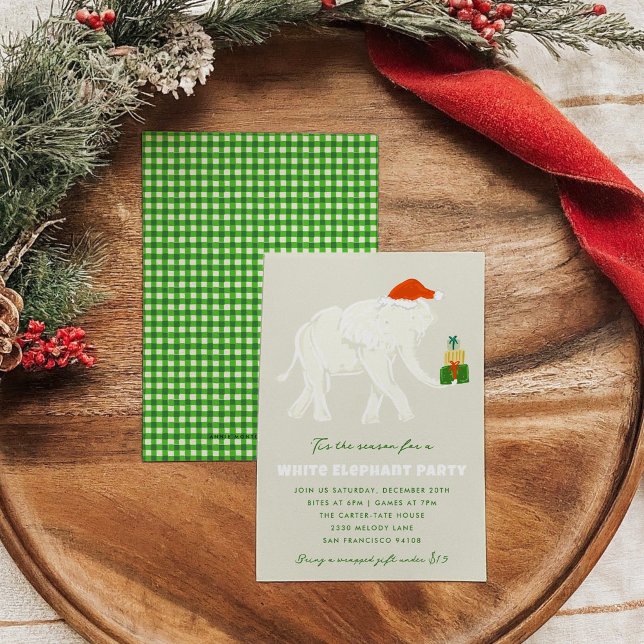 festes Weißes Elefant Party Illustriert Einladung (Festive White Elephant Party Illustrated Invitation with a green checkered back.)
