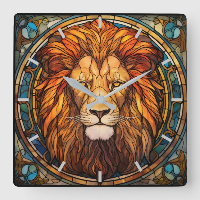 Festgehaltene Glass Lion Wall Clock Quadratische Wanduhr (Vorderseite)