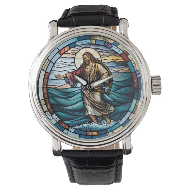 Festgehaltener Glass Jesus läuft auf Wasserdesignü Armbanduhr (Vorderseite)