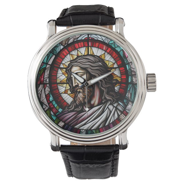 Festgehaltenes Glas Jesus Design Armbanduhr (Vorderseite)
