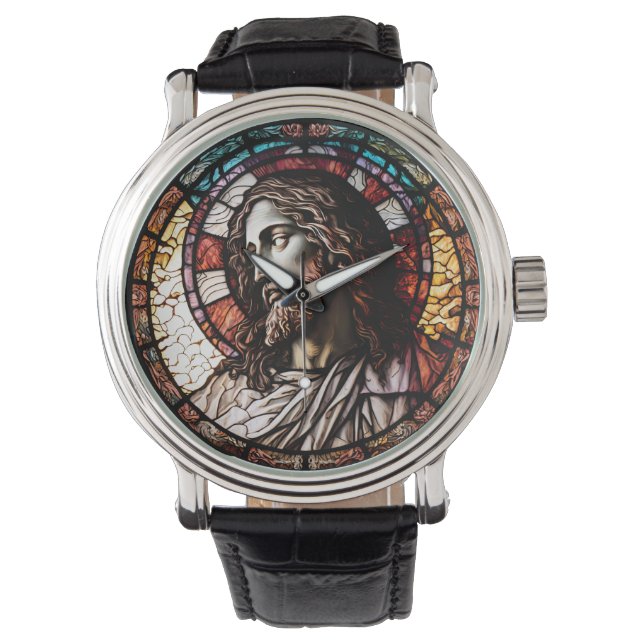 Festgehaltenes Glas Jesus Design Armbanduhr (Vorderseite)