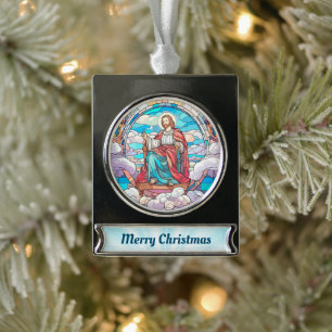 Festgehaltenes Glas Jesus sitzt auf dem Thron Banner-Ornament Silber