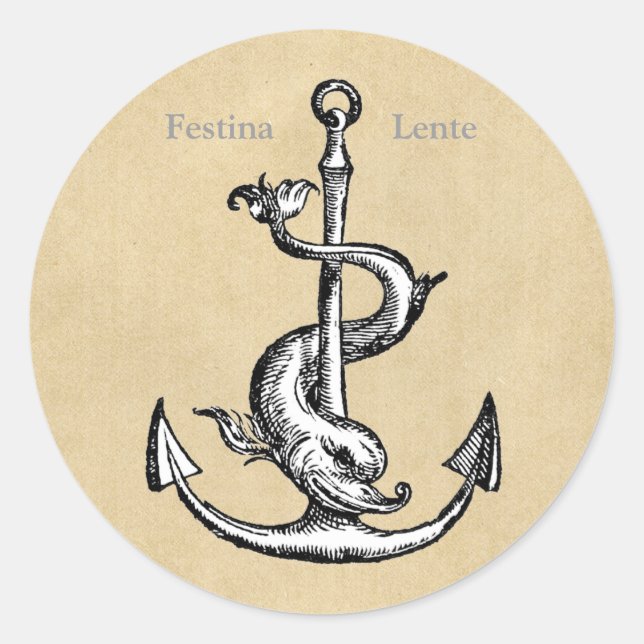 Festina Lente Anchor und Dolphin Runder Aufkleber (Vorderseite)