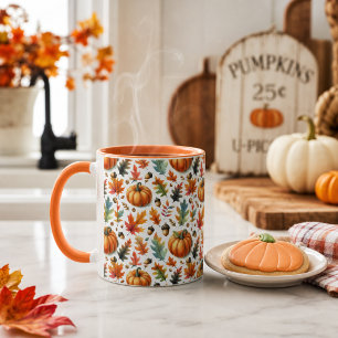 Festitive Fall Pumpkins und Blätter auf Weiß Tasse