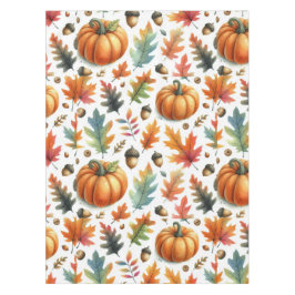 Festitive Fall Pumpkins und Blätter auf Weiß Tischdecke