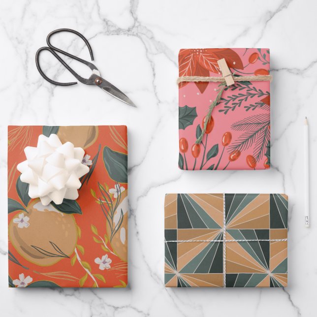 Festival Apple Poinsetta Holiday Gem Tone Geschenkpapier Set (Vorderseite)