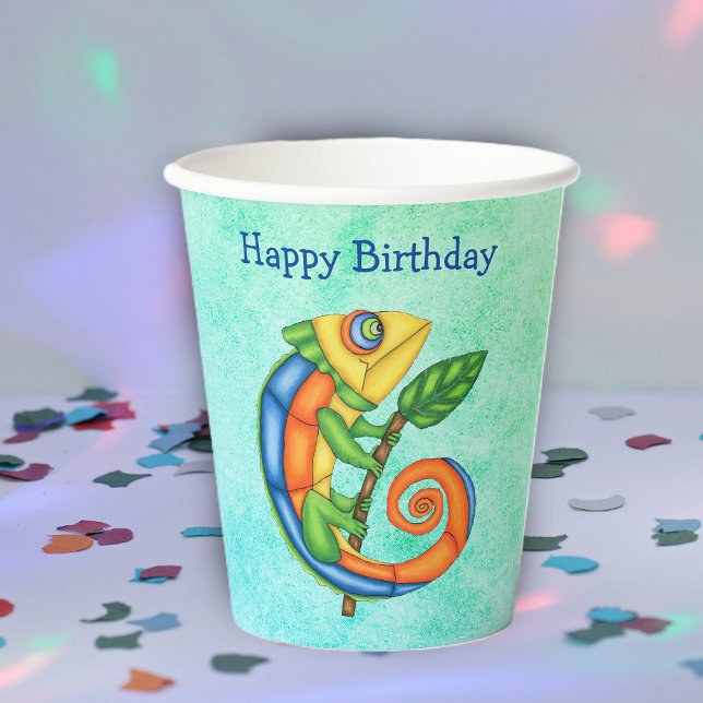 Festival Birthday Lizard Bright Colors Leaf Pappbecher (Festive fantasy lizard bright colours on kids Birthday party paper drink cups.)