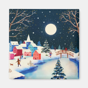 Festival Blue Winter Snow Village Magnet