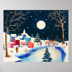 Festival Blue Winter Snow Village  Poster