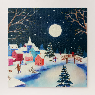 Festival Blue Winter Snow Village Puzzle
