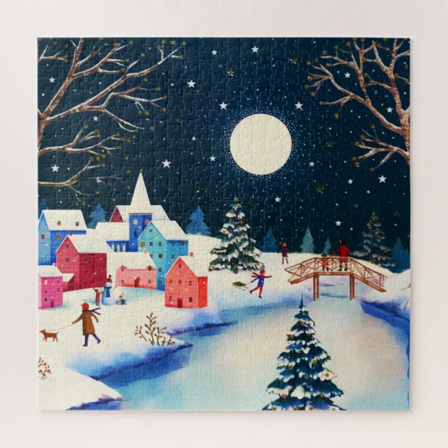 Festival Blue Winter Snow Village Puzzle (Vertikal)