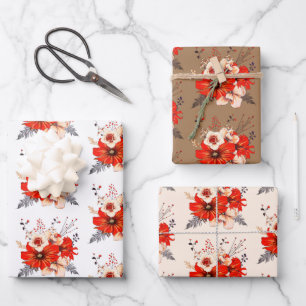 Festival Blumenmuster Red Creme Gold Weihnachten Geschenkpapier Set