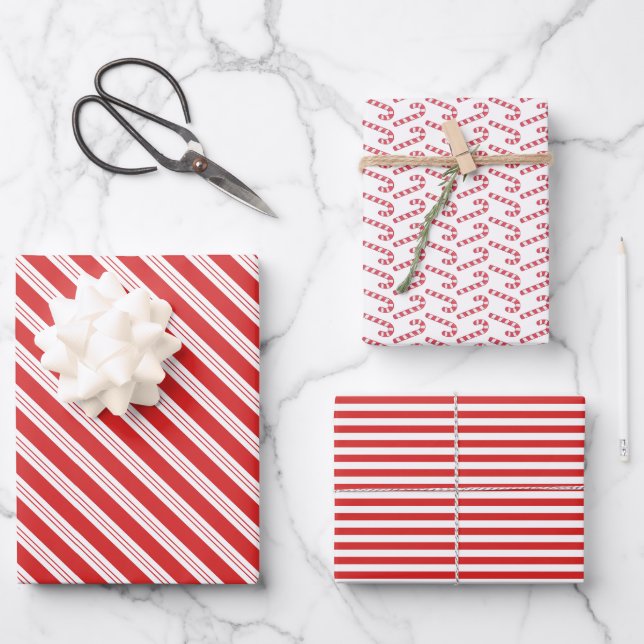 Festival Candy Cane Strip Christmas Red White Geschenkpapier Set (Vorderseite)