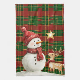 Festival Classic Red Green Gold Tartan Snowman Geschirrtuch