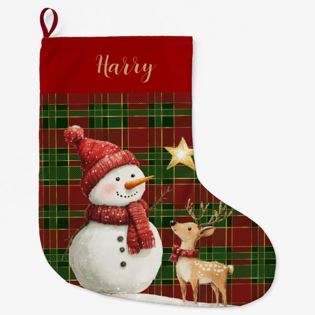 Festival Classic Red Green Gold Tartan Snowman Großer Weihnachtsstrumpf (Vorderseite)