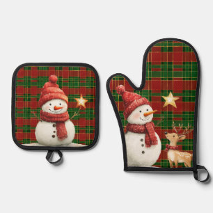 Festival Classic Red Green Gold Tartan Snowman Ofenhandschuh & Topflappen-Set