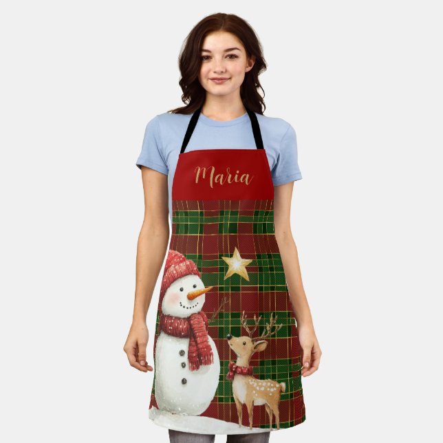 Festival Classic Red Green Gold Tartan Snowman Schürze (Getragen)