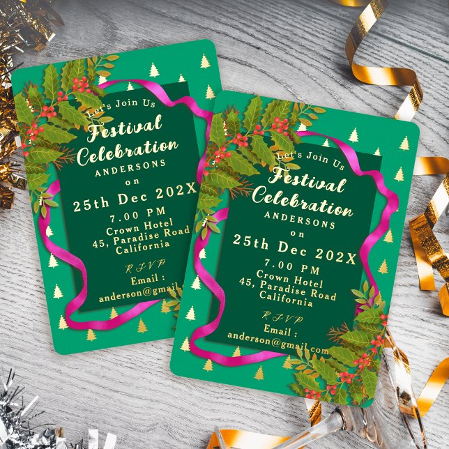 Festival Feier Weihnachten Grün Folieneinladung (Festival Celebration Christmas Green Foil Invitation)