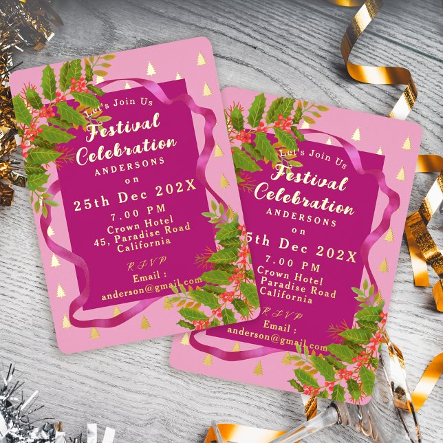 Festival Feier Weihnachten Rosa Rot Folieneinladung (Festival Celebration Christmas Pink Red Foil Invitation)