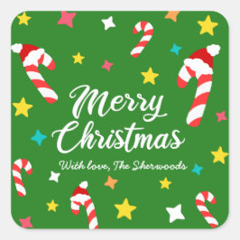 Festival Green Candy Cane Pattern Frohe Weihnachte Quadratischer Aufkleber