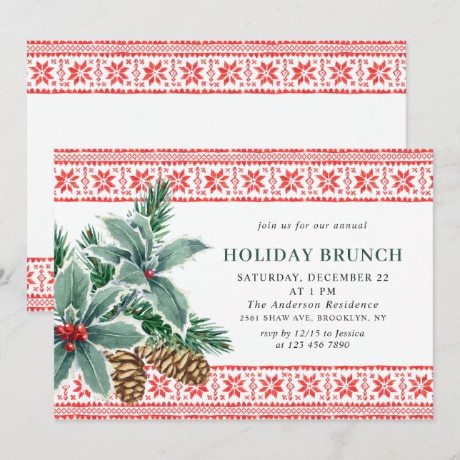Festival Holly Berry CHRISTMAS HOLIDAY BRUNCH Einladung (Vorne/Hinten)