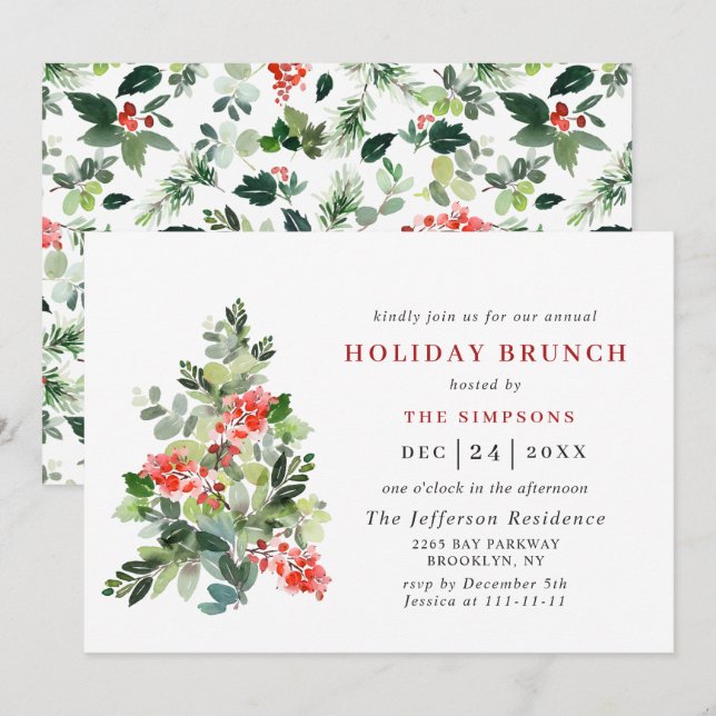 Festival Holly Berry Tree HOLIDAY BRUNCH CHRISTMAS Einladung (Vorne/Hinten)