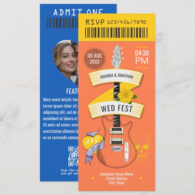 Festival Love Rock ’n’ Roll Wedding Ticket Einladung (Vorne/Hinten)