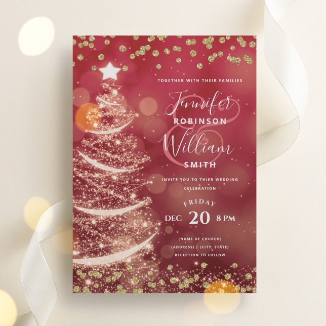 Festival Moon and Stars Einladung (Festive Gold & Red Elegant Wedding Sparkle Tree Invitation)