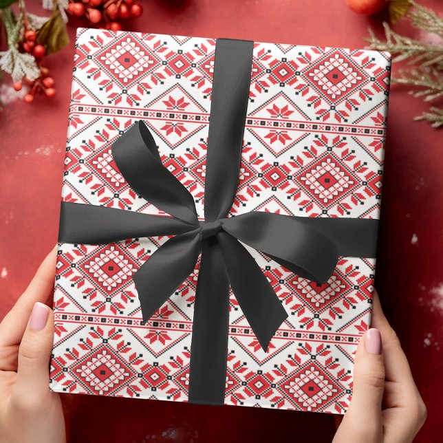Festival Red Black Classic Nordic Fair Isle Motif Geschenkpapier (Von Creator hochgeladen)