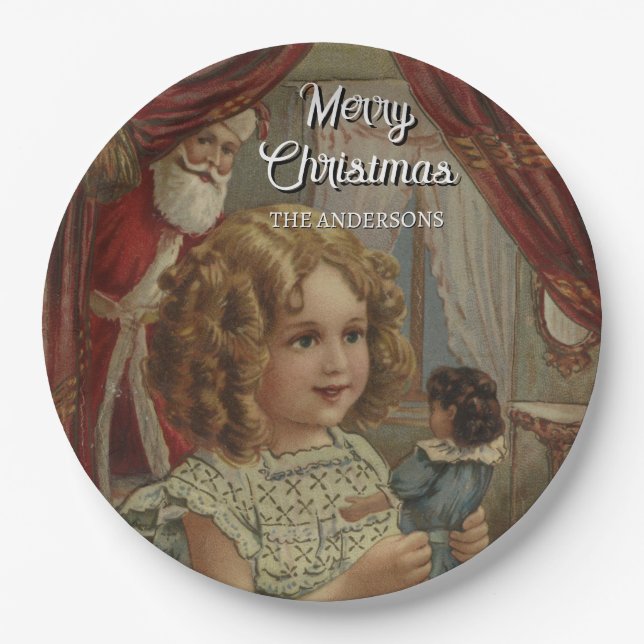 Festival Vintag Girl Santa Doll Platin Pappteller (Vorderseite)