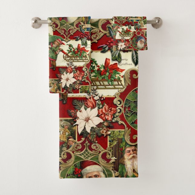 Festival Vintage Christmas Ephemera Collage-Red Badhandtuch Set (Insitu)