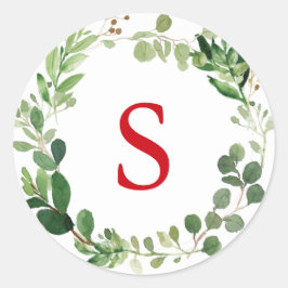 Festival Winter Greenery Monogram Holiday Botanica Runder Aufkleber