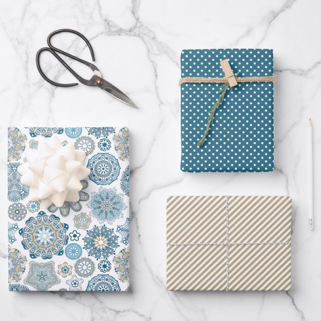 Festivalflora Mandala Schneeflocken Muster Geschenkpapier Set (Vorderseite)