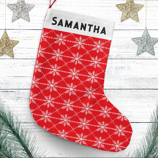 Festivalrotes Schneeflockenmuster Modernes Persona Kleiner Weihnachtsstrumpf (A personalized Christmas stocking in red with white snowflakes pattern)