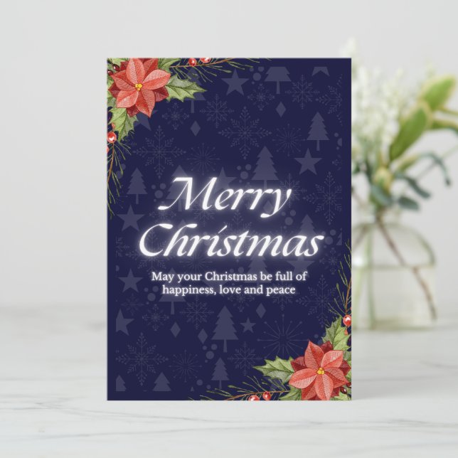 Festivals Blue Christmas Card mit Poinsettia Einladung (Stehend Vorderseite)