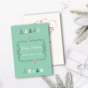 Festivals Bow & Chic Trees Doodle Retro Holiday Ca Feiertagskarte