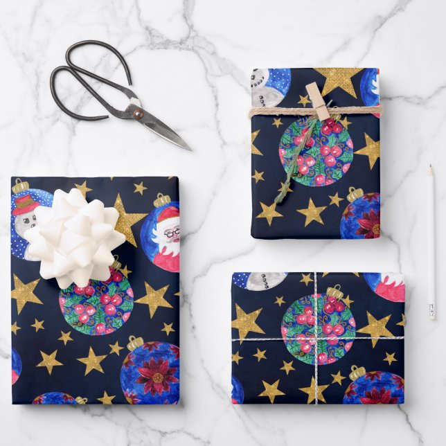 Festivals Gold Glitzer Stars Ornamente Traumhaft Geschenkpapier Set (Vorderseite)