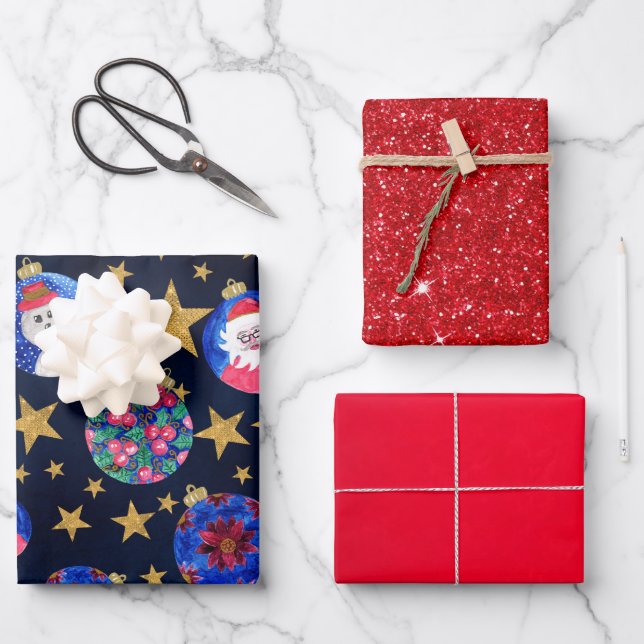 Festivals Gold Glitzer Stars Ornamente Traumhaft Geschenkpapier Set (Vorderseite)