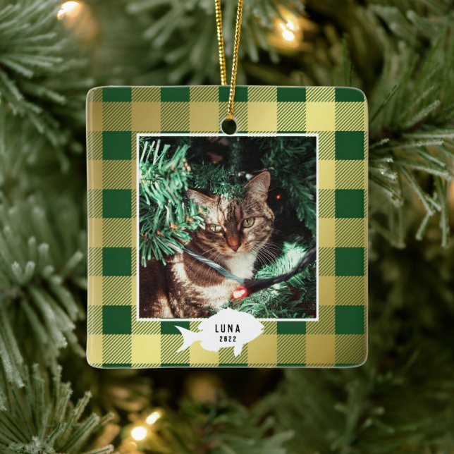 Festivals Gold Kariert Cat Name Weihnachten Keramikornament (Baum)