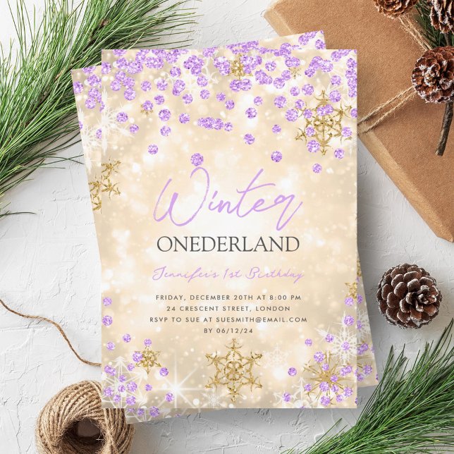 Festivals Gold Lila Winter ONEDERLAND 1. Geburtsta Einladung (Festive Gold Purple Winter ONEDERLAND 1st Birthday Invitation)