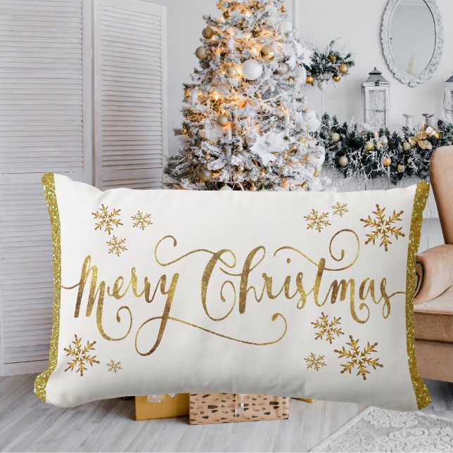 Festivals Gold, weiß, frohe Weihnachten Lendenkissen (Festive Gold, White, Merry Christmas Lumbar Pillow)