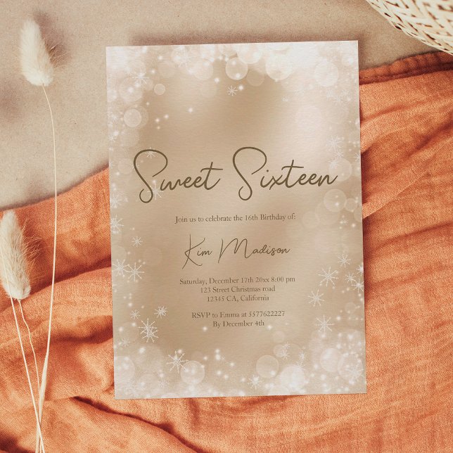 Festivals goldweißer Schnee elegant schick süß 16 Einladung (Festive gold white snow elegant chic sweet 16 invitation)