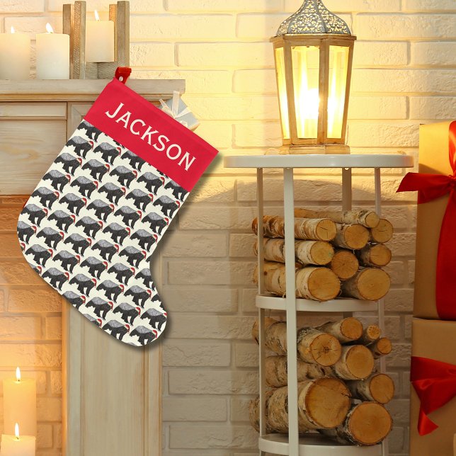 Festivals Honey Badger Badass Santa Animal Add Nam Großer Weihnachtsstrumpf (Honey badger wearing santa hat pattern personalized name Christmas holiday stocking)