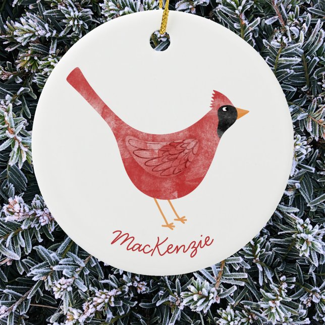 Festivals Kardinal Bird Watercolor Personalisiert Keramik Ornament (Festive Cardinal bird watercolor red and white personalized Christmas Holiday ornament)