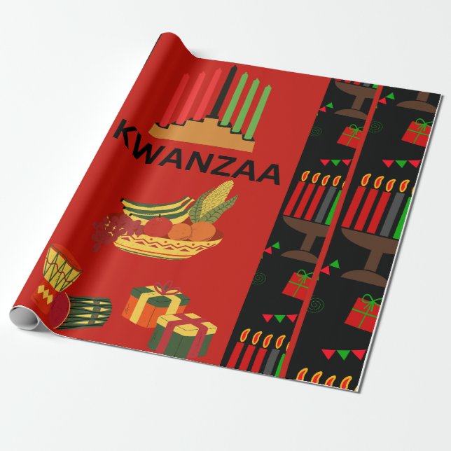 Festivals Kwanzaa Design mit Kinara, Obst und Gi Geschenkpapier (Ungerollt)
